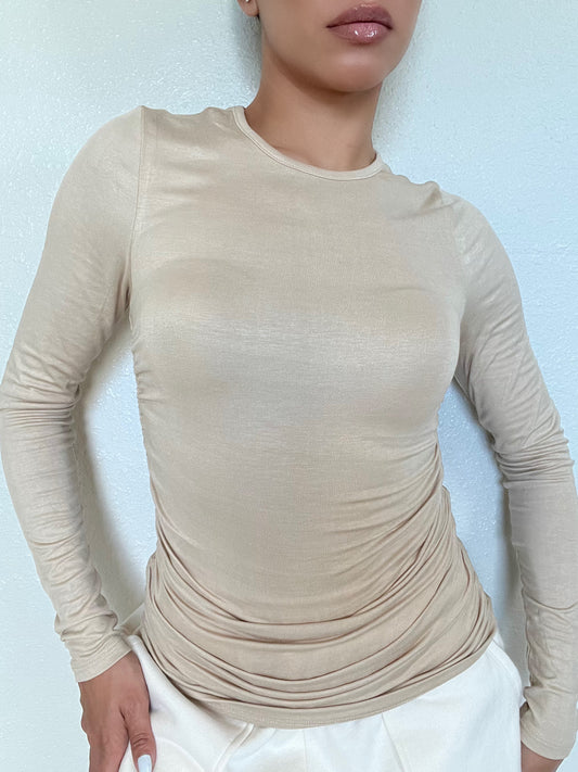 Long Sleeve Ruched Top -Sand