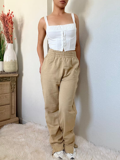 High Waist Fleece Flare Sweatpants -Taupe