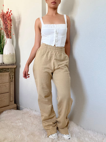 High Waist Fleece Flare Sweatpants -Taupe