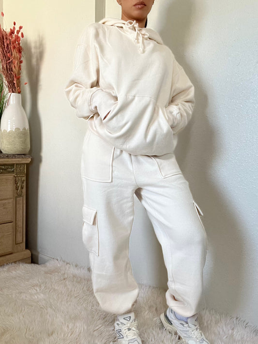 High Waist Cargo Joggers -Cream