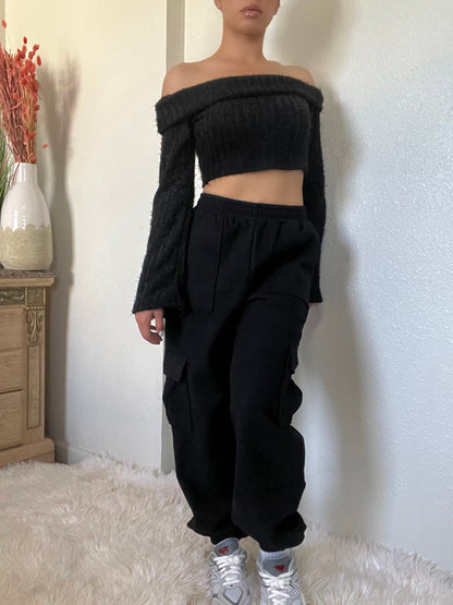 High Waist Cargo Joggers -Black