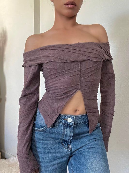 Off Shoulder Front Split Top -Brown