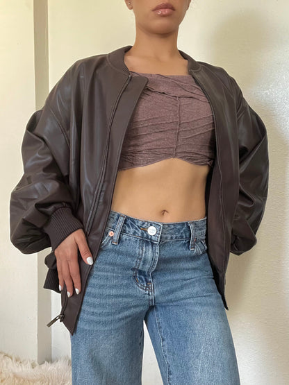 Oversized Bomber Vegan Leather Jacket -Brown