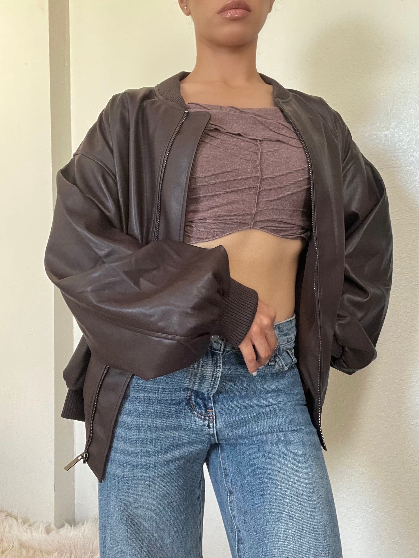 Oversized Bomber Vegan Leather Jacket -Brown