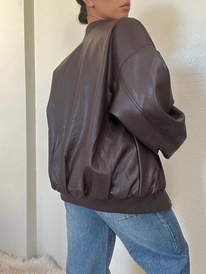 Oversized Bomber Vegan Leather Jacket -Brown