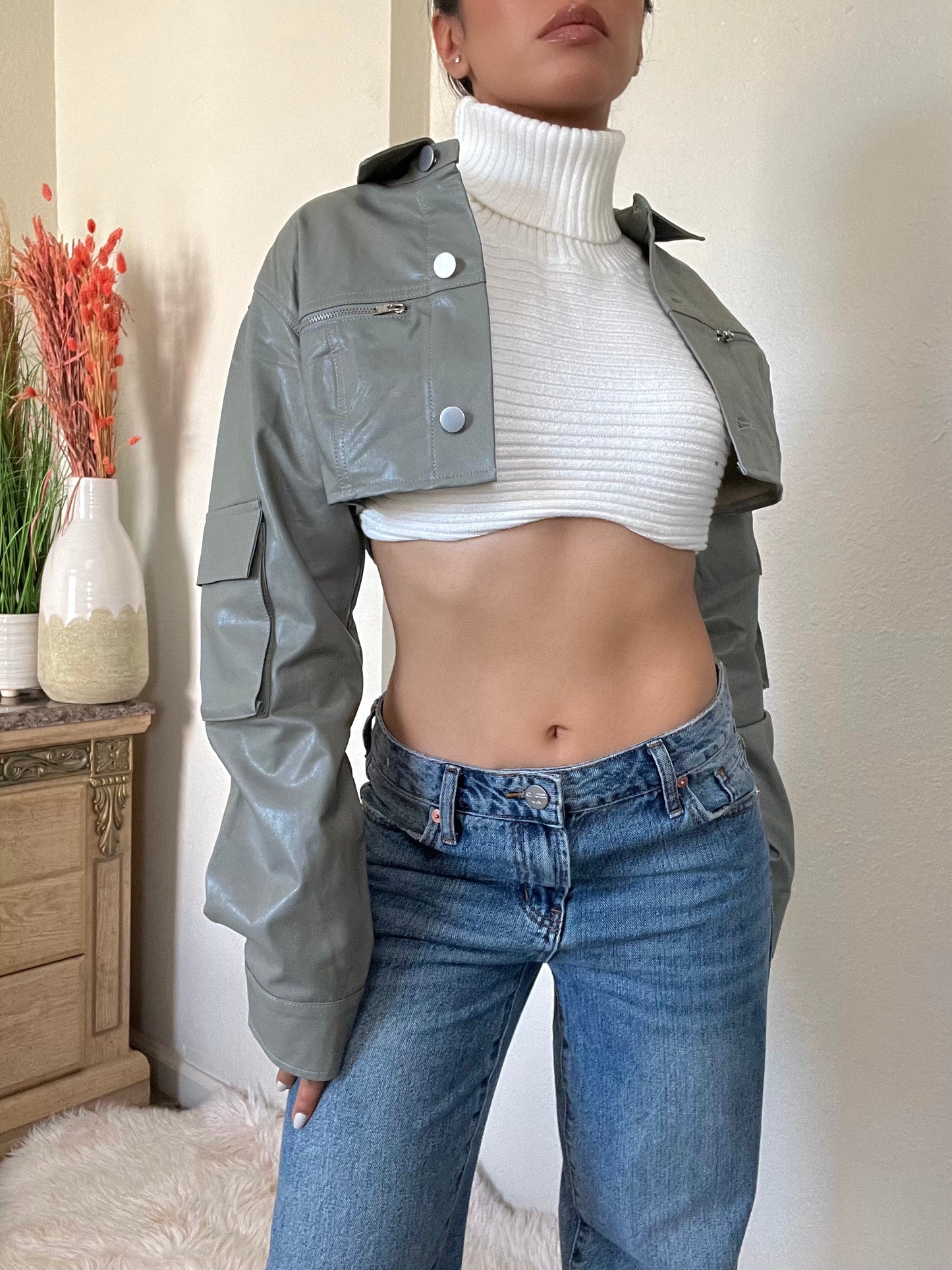 Cropped Faux Leather Jacket -Olive
