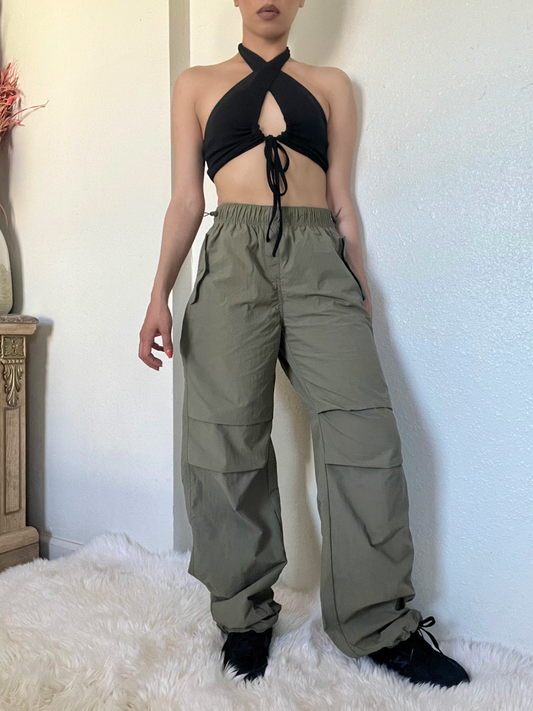 Loose Fit Parachute Pants -Olive