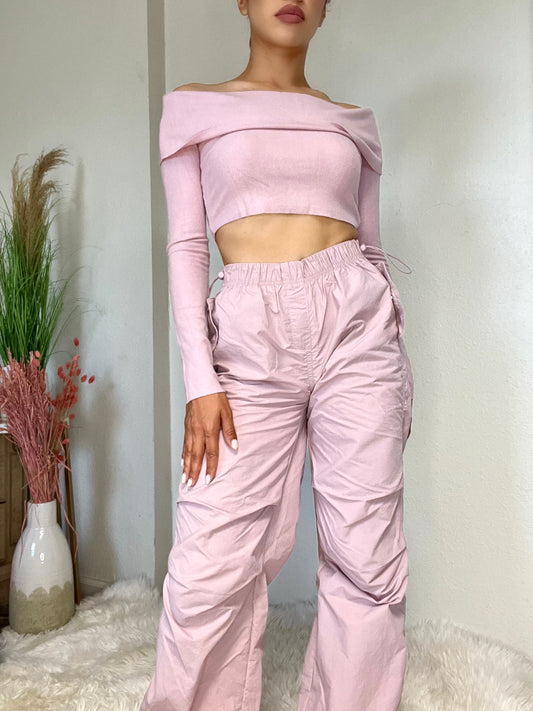 Loose Fit Parachute Pants -Pink Stone