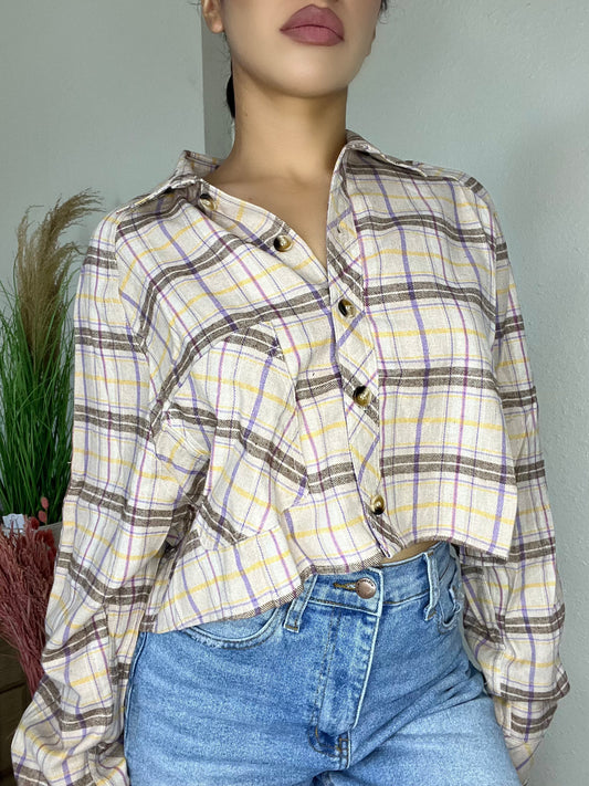 Juno Cropped Plaid Shirt -Beige