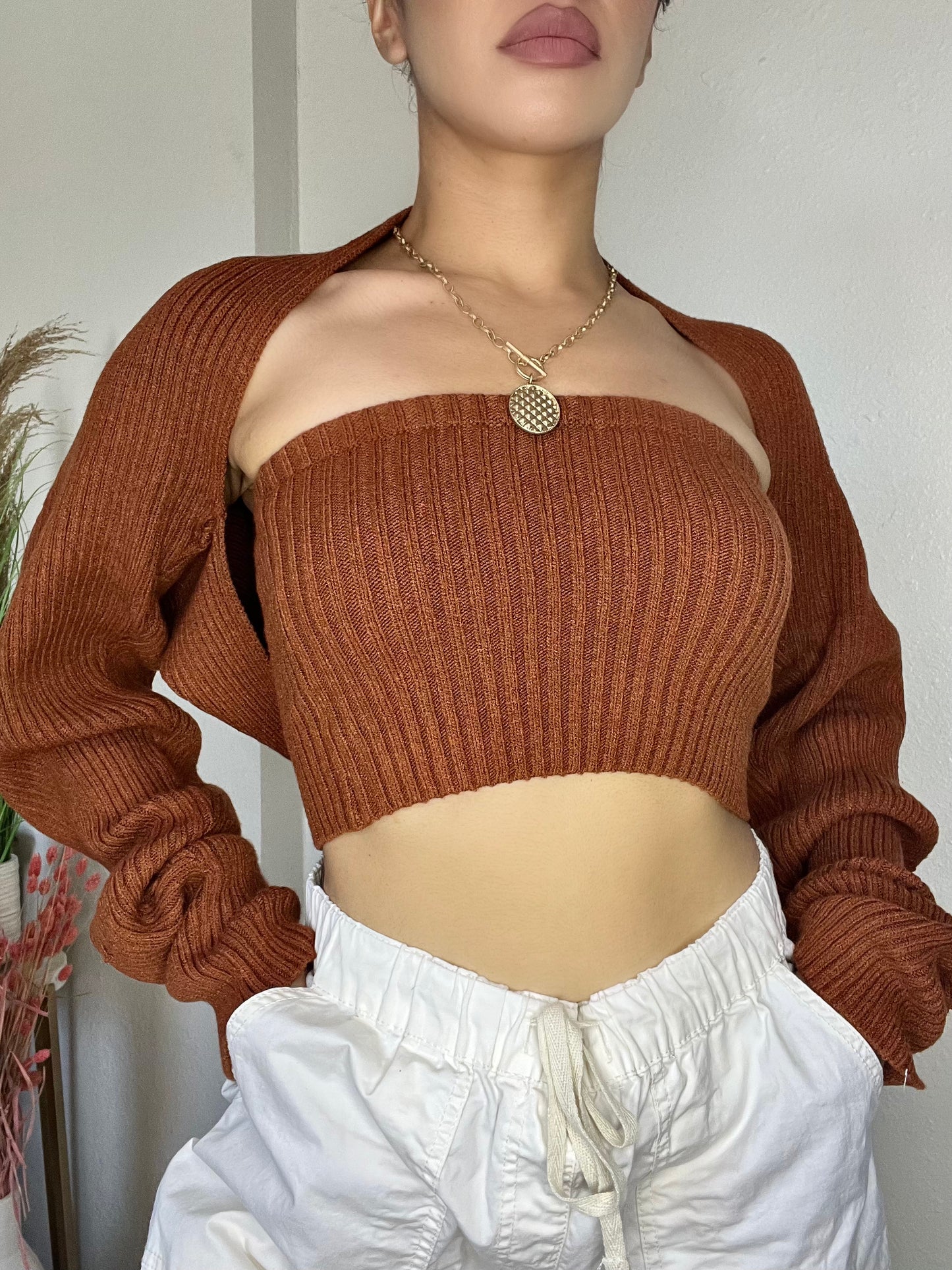 Two Piece Shrug Sweater Set -Bronze