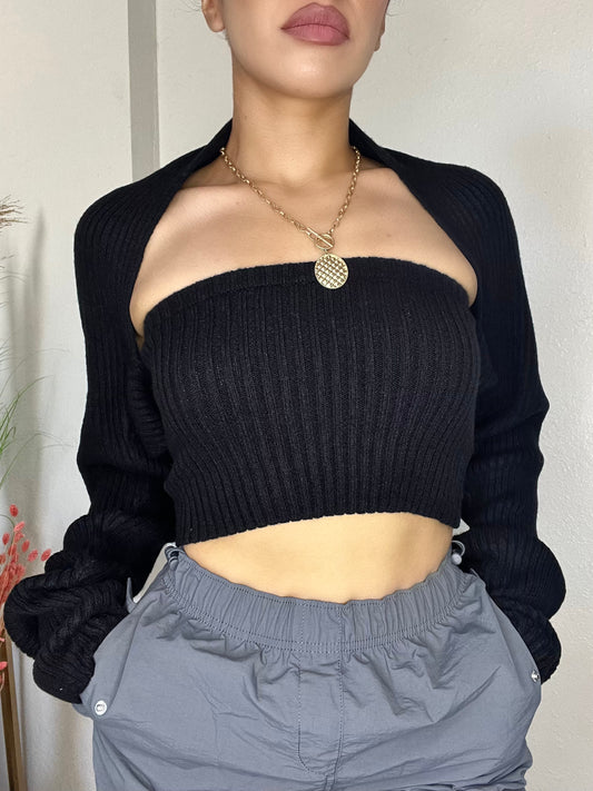 Two Piece Shrug Sweater Set -Black