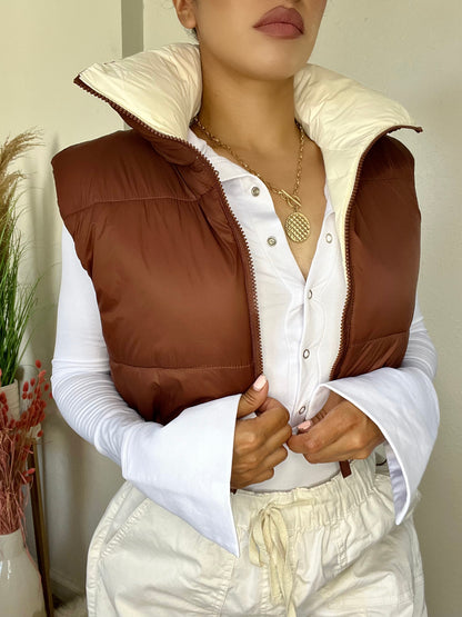 Cropped Reversible Vest -Brown/Cream