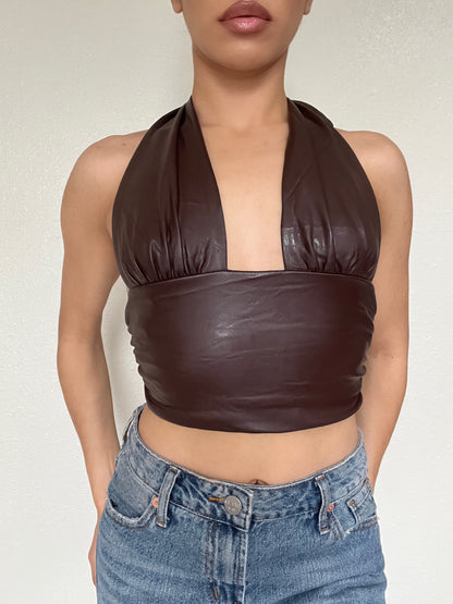 Vegan Leather Halter Corset Top-Brown