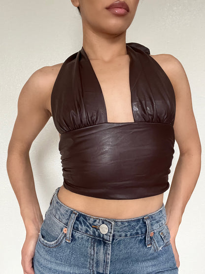 Vegan Leather Halter Corset Top-Brown