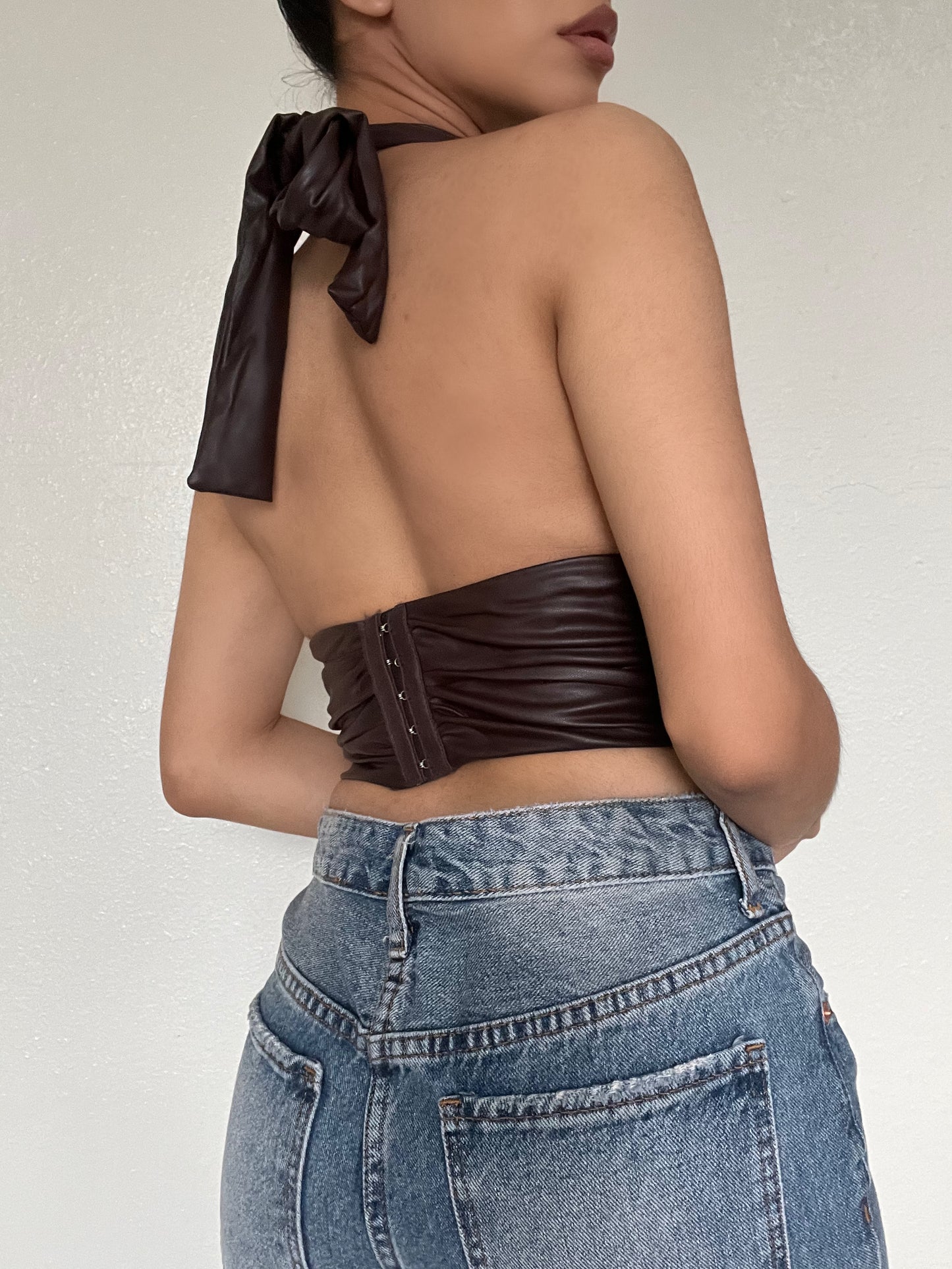 Vegan Leather Halter Corset Top-Brown