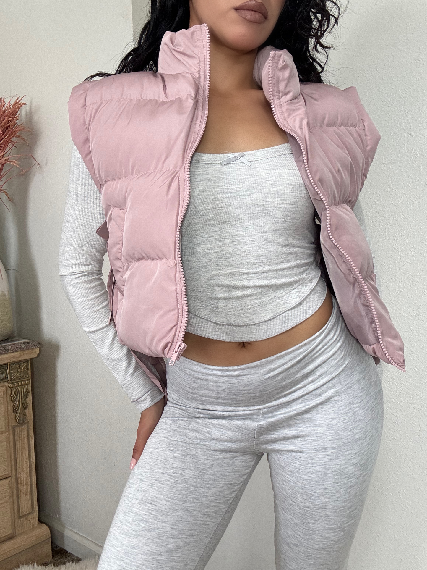 Side Bow Tie Cropped Puffer Vest -Blush