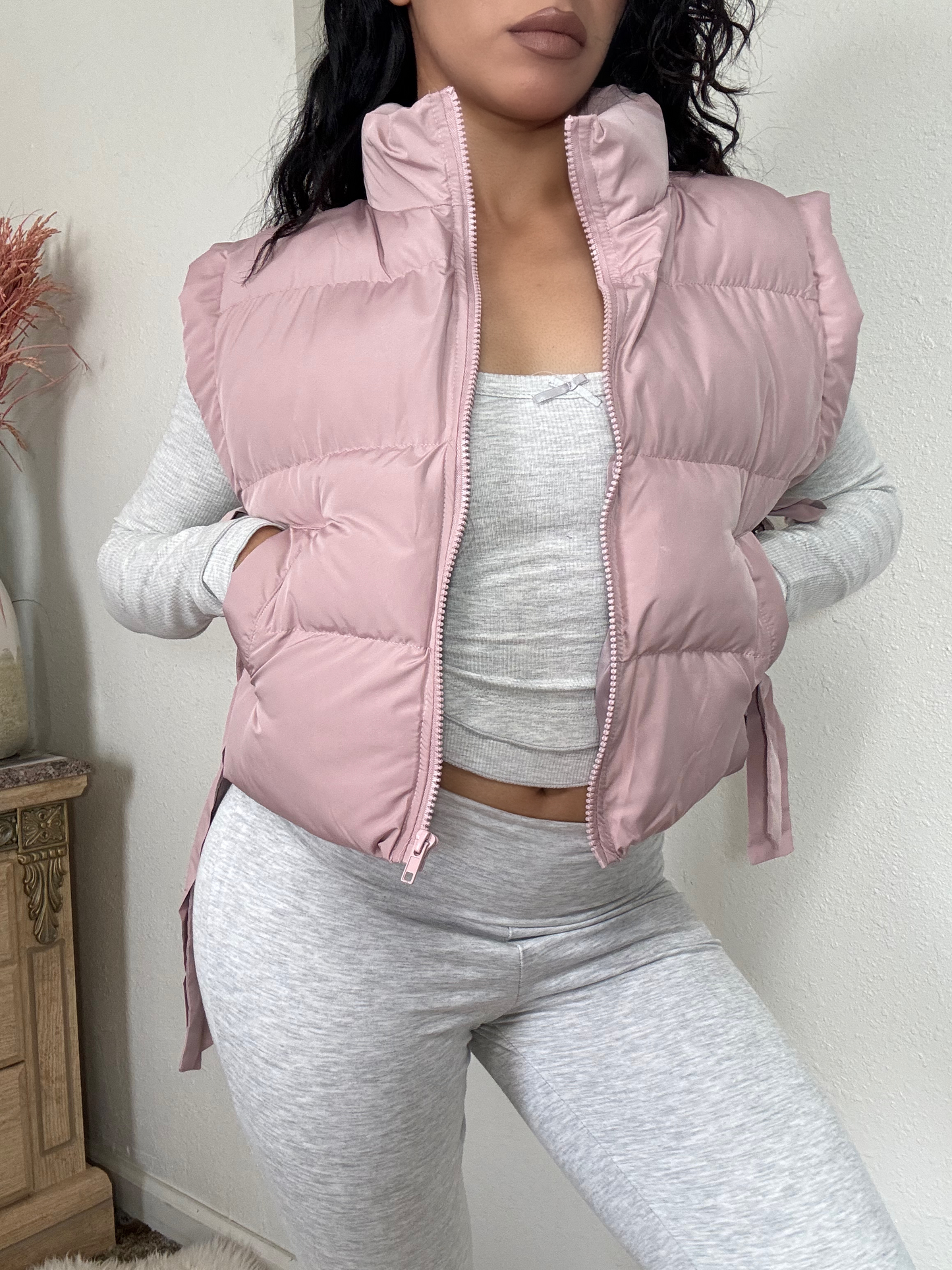 Side Bow Tie Cropped Puffer Vest -Blush