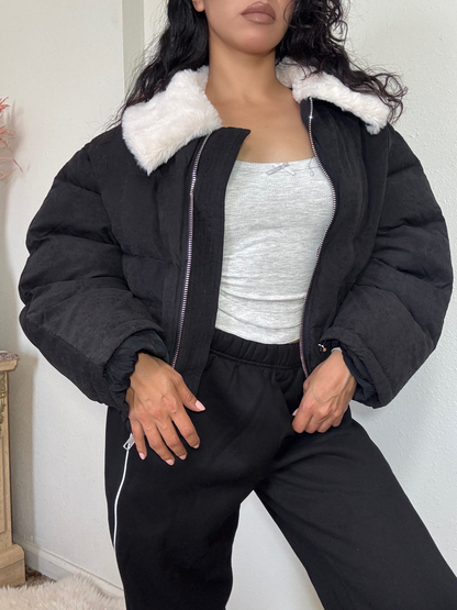 Fur Contrast Puffer Jacket -Black