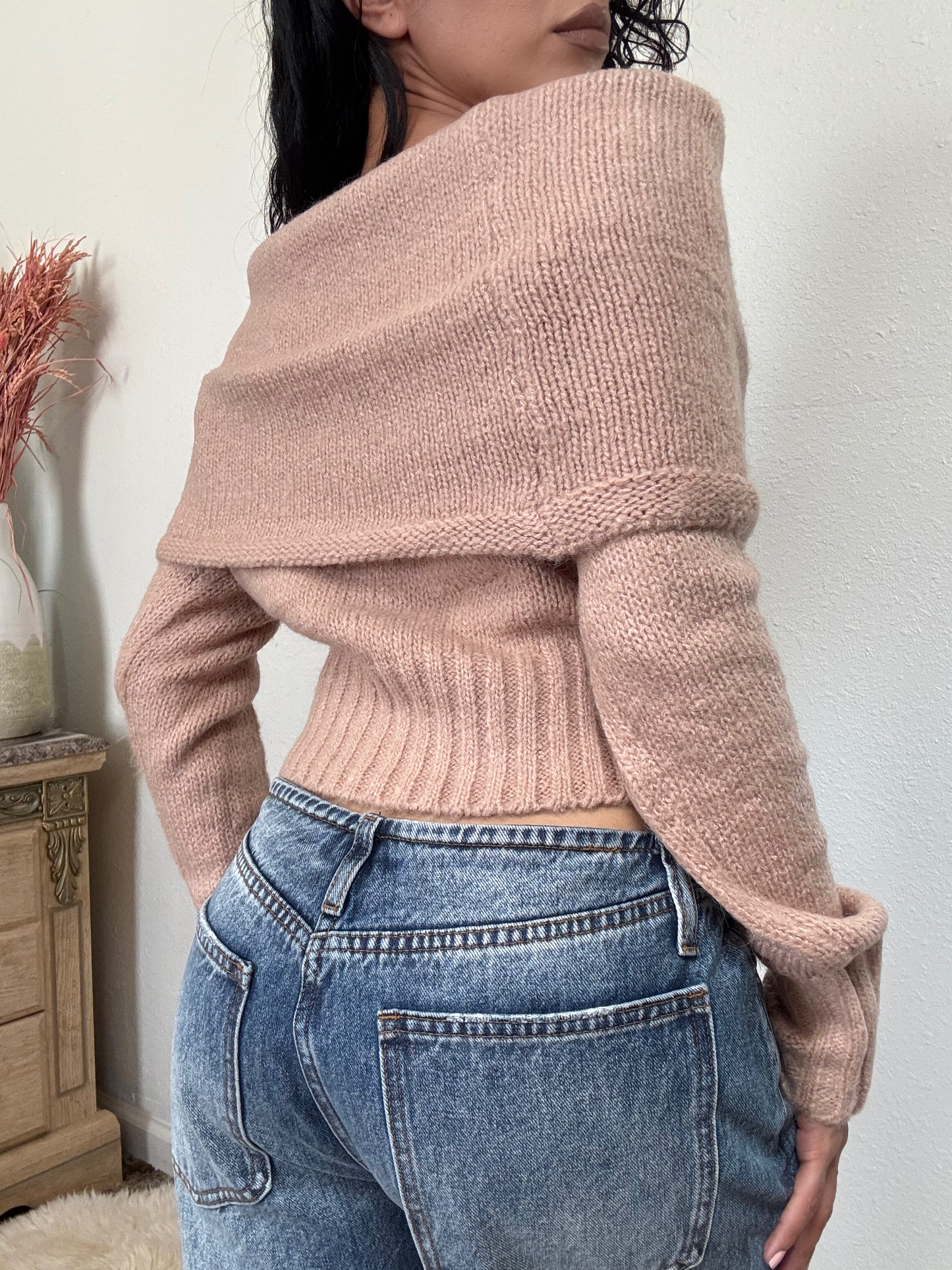 Off-The Shoulder Sweater Top -Tan