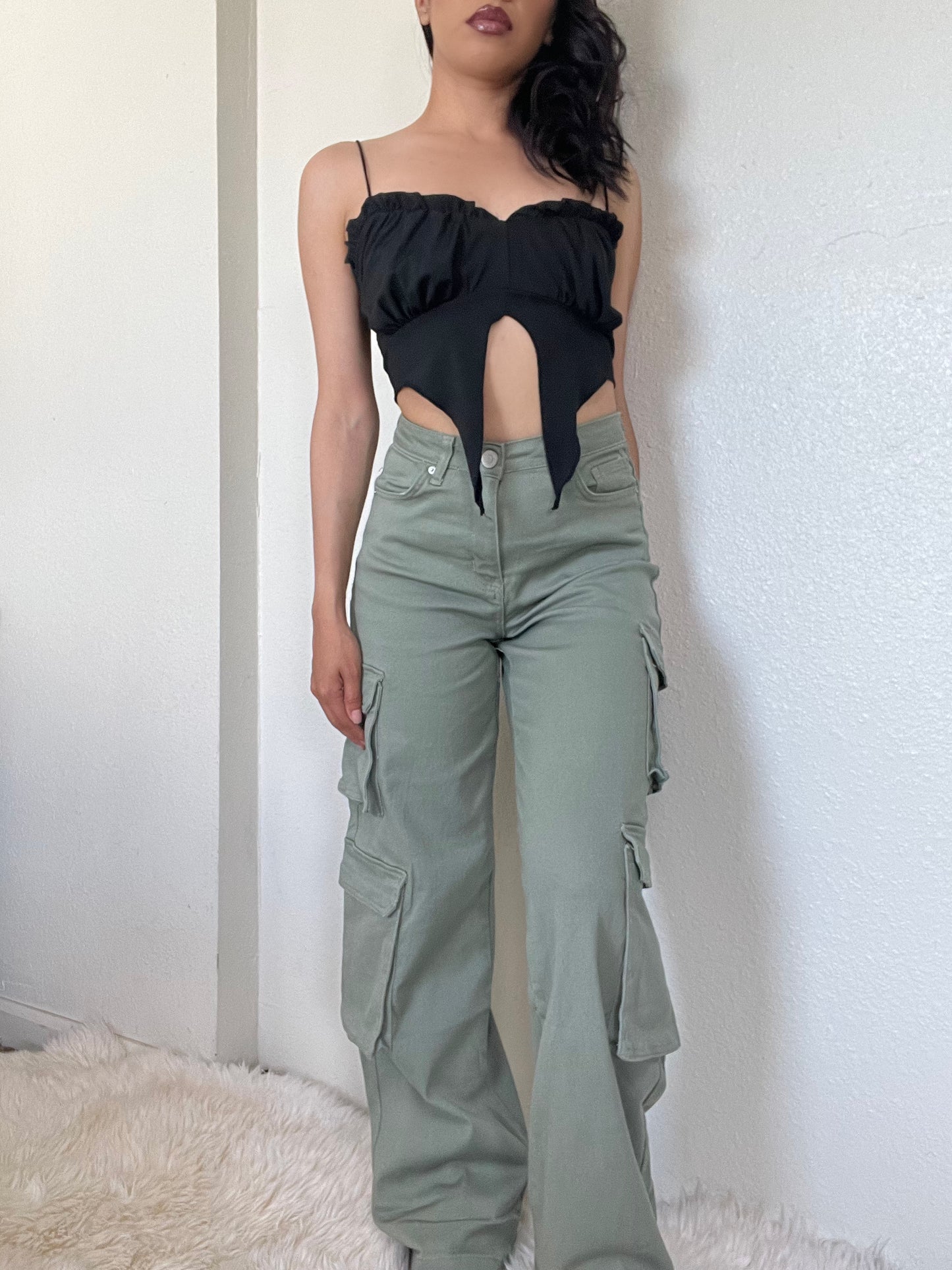 High Rise Double Cargo Pants -Green