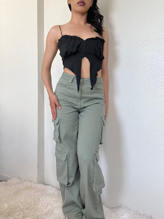 High Rise Double Cargo Pants -Green