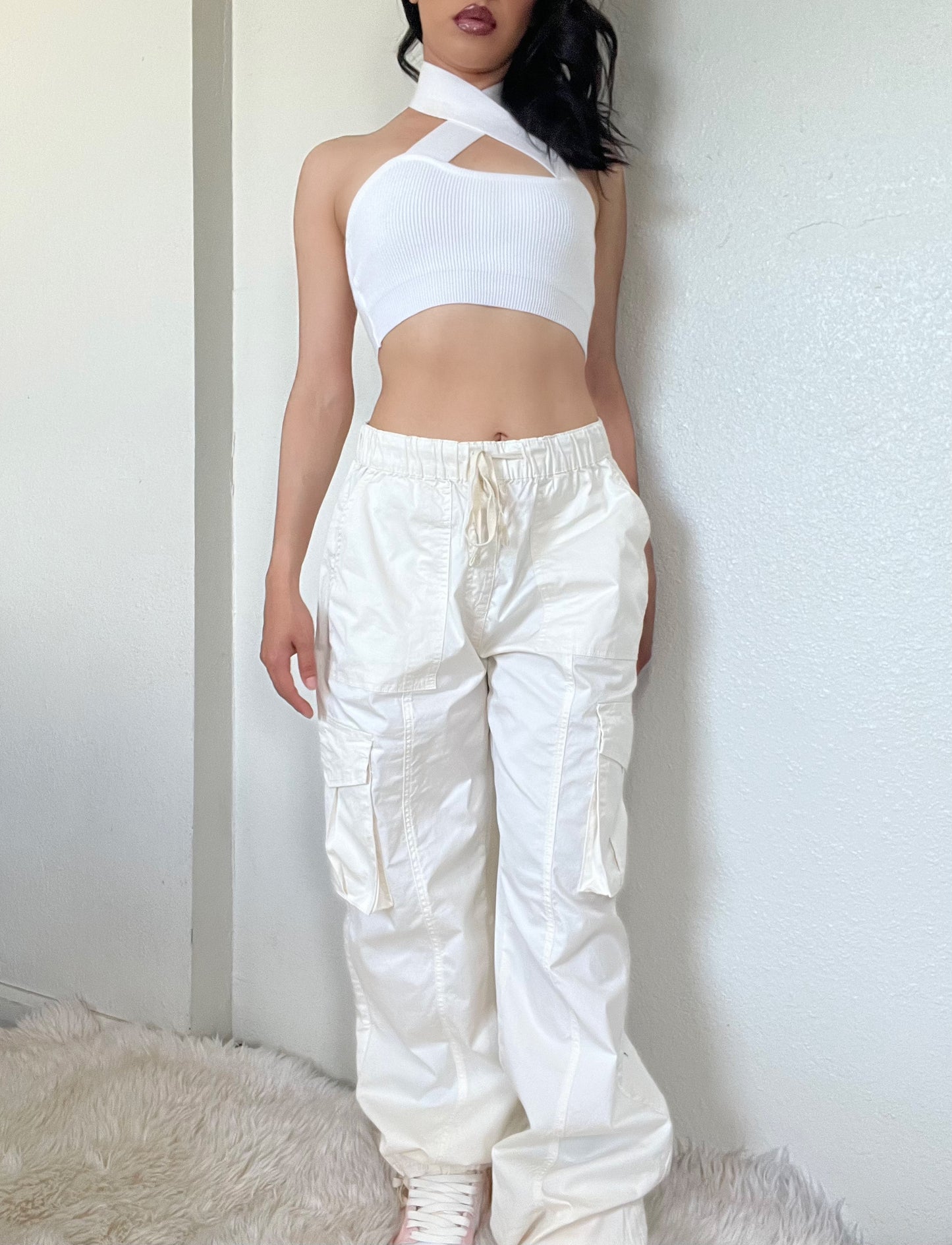 Mid Rise Pull On Cargo Pants -Cream