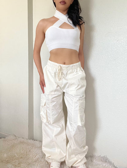 Mid Rise Pull On Cargo Pants -Cream