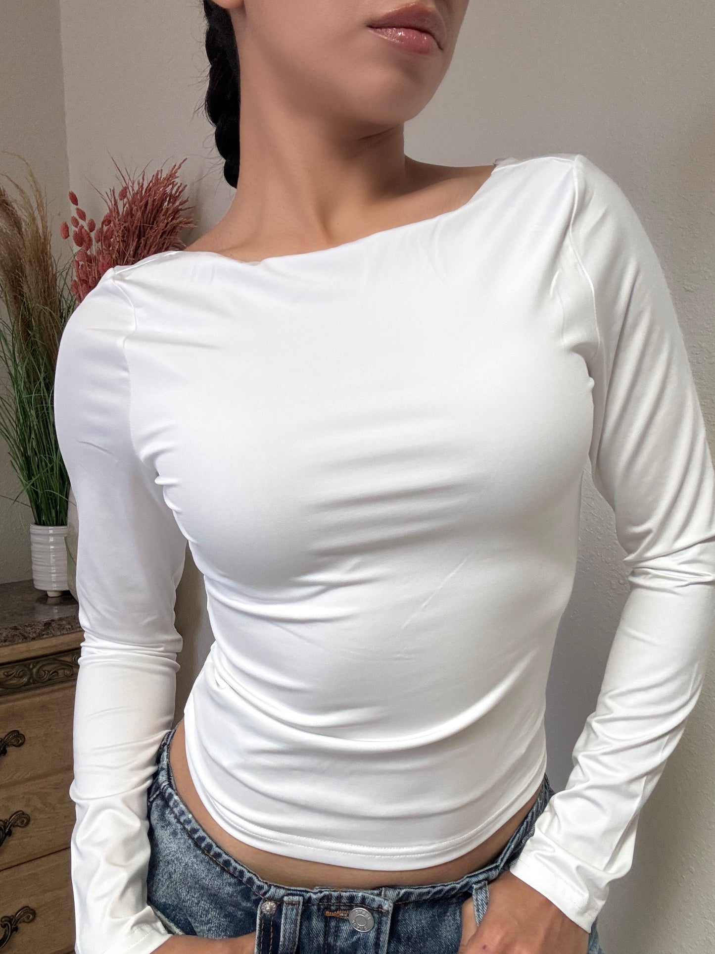 Elena Low Back Long Sleeve Top -White