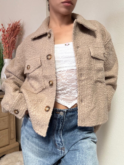 Samantha Sherpa Cropped Shacket -Taupe