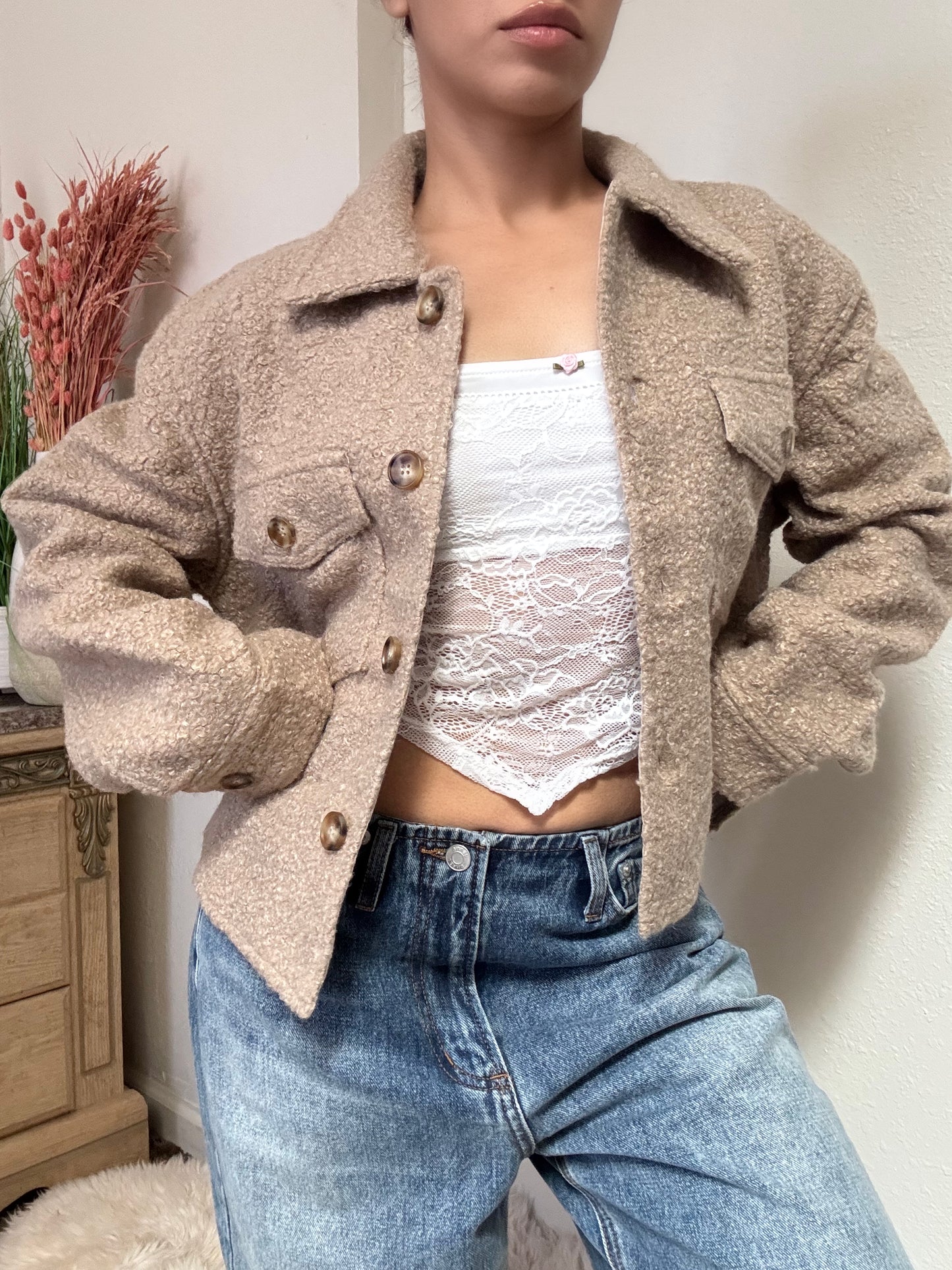 Samantha Sherpa Cropped Shacket -Taupe