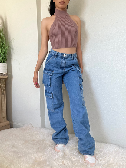 Double Cargo Boyfriend Jeans -Light Blue