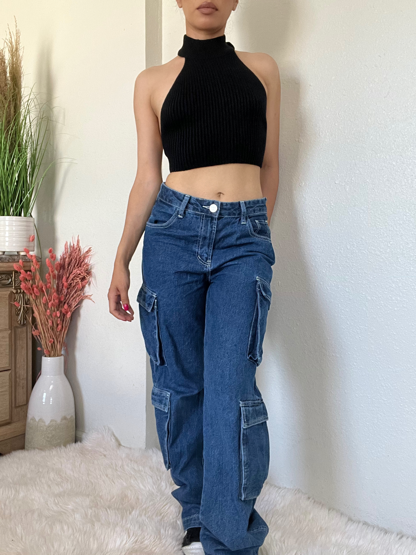 Double Cargo Boyfriend Jeans -Dark Blue