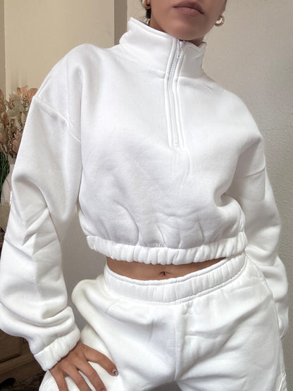 Essential Half Zip Up Cropped Pullover (White)