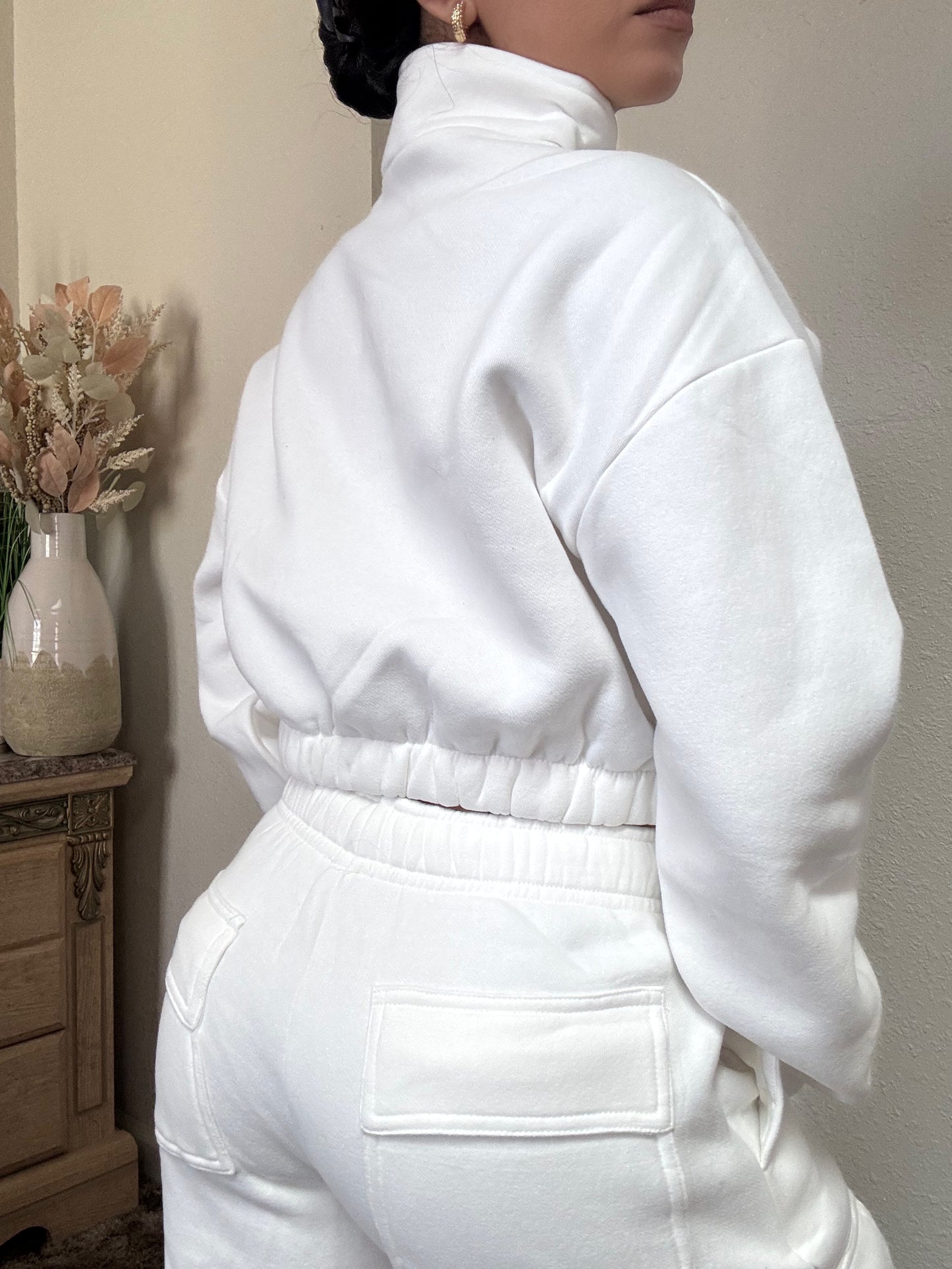 Essential Half Zip Up Cropped Pullover (White)