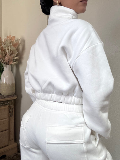 Essential Half Zip Up Cropped Pullover (White)