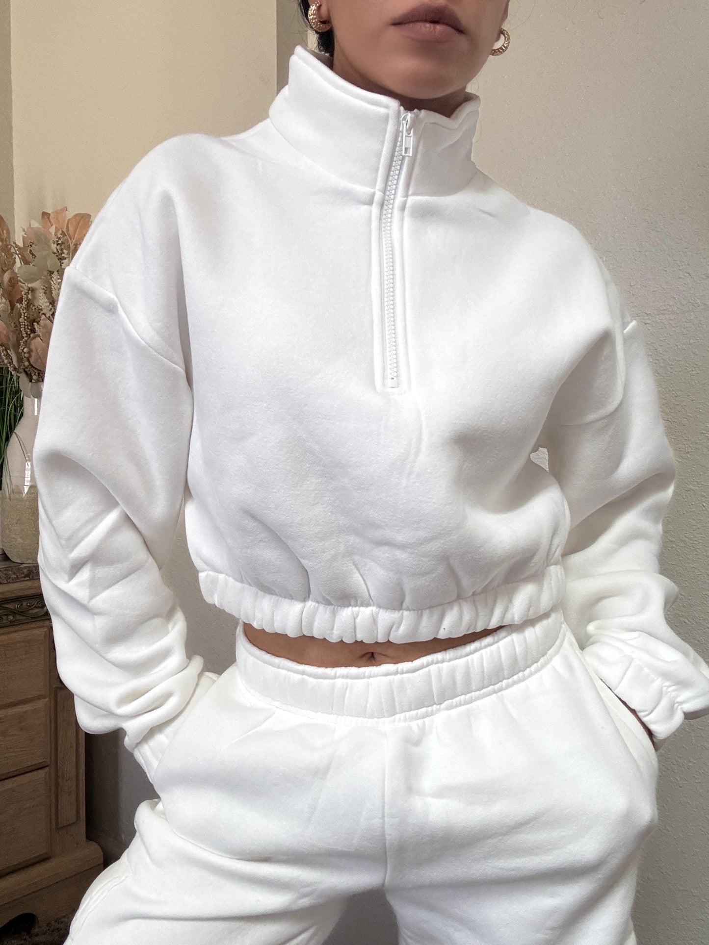 Essential Half Zip Up Cropped Pullover (White)