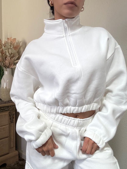 Essential Half Zip Up Cropped Pullover (White)