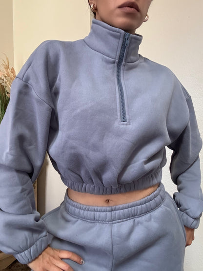 Essential Half Zip Up Cropped Pullover (French Blue)