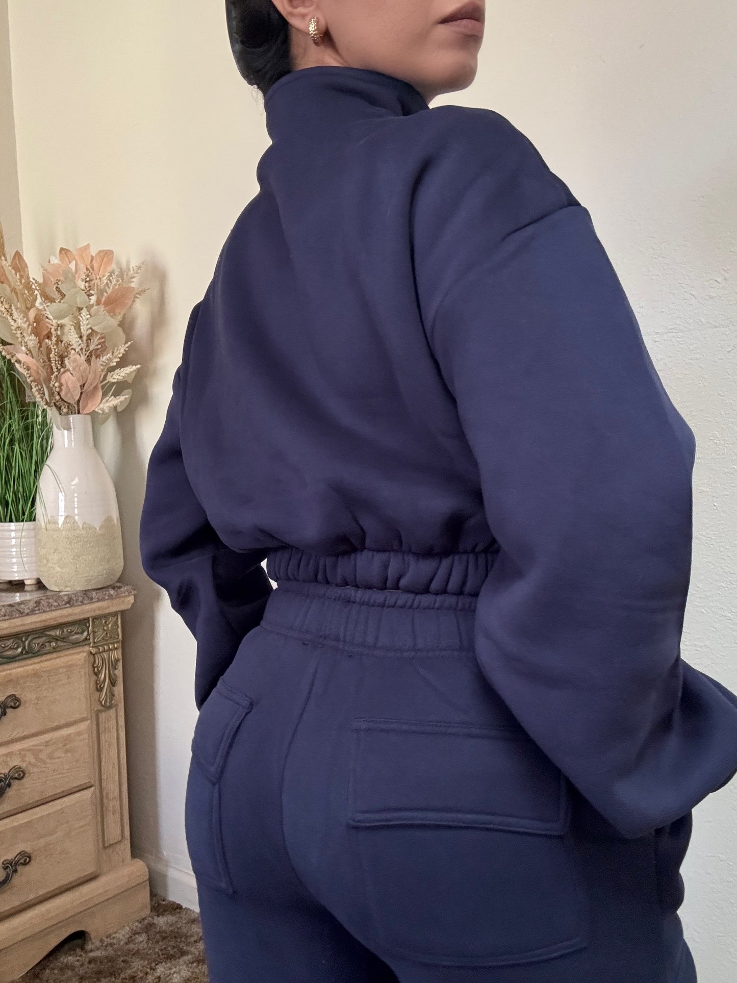 Essential Half Zip Up Cropped Pullover (Navy)