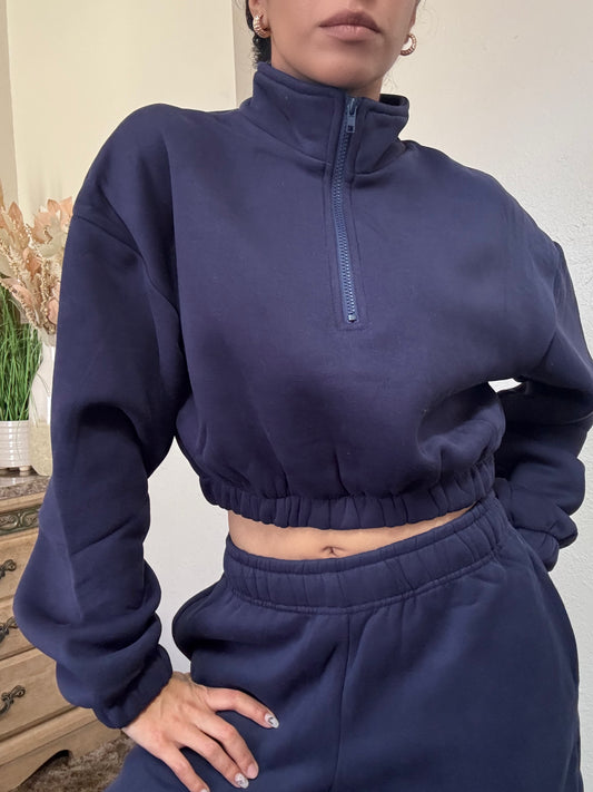 Essential Half Zip Up Cropped Pullover (Navy)