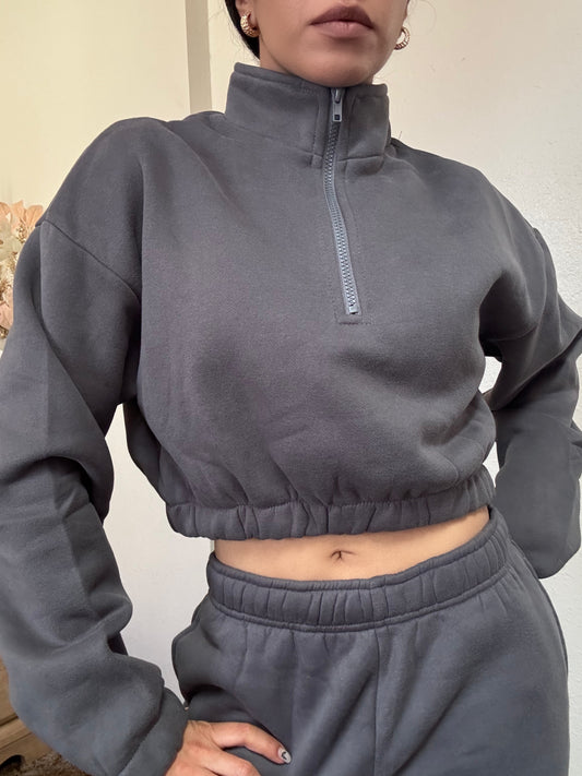 Essential Half Zip Up Cropped Pullover (Graphite)