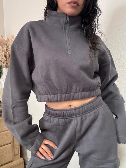 Essential Half Zip Up Cropped Pullover (Graphite)