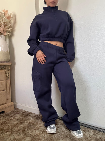 Essential Fleece Cargo Sweatpants (Navy)