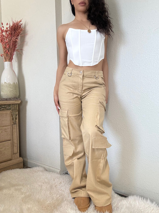 Low Rise Wide Leg Cargo Pants -Khaki