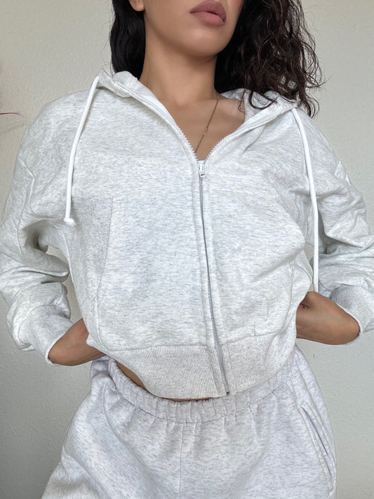 Essential Crop Hooded Jacket -Heather White