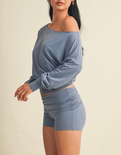 Ultra Soft Off Shoulder Slouchy Top (Dusty Blue)