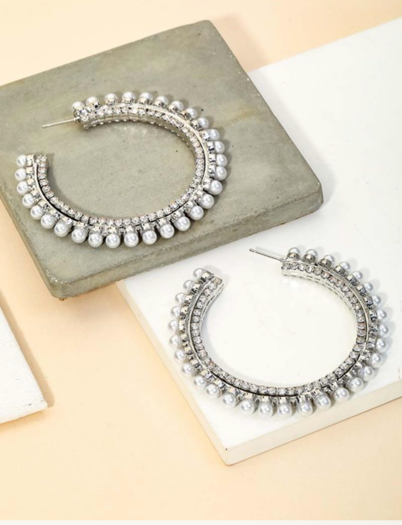 Pearl Studded Hoop Earrings -Silver