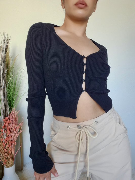 Cropped Rib Cardigan -Black