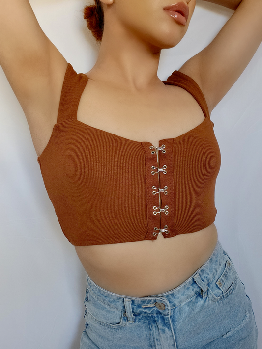 Hook and Eye Crop Top -Brown