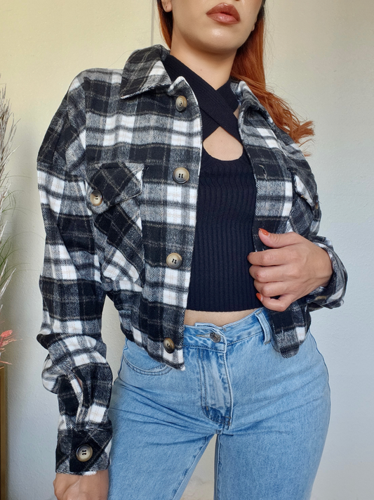 Plaid Cropped Jacket -Black/Taupe